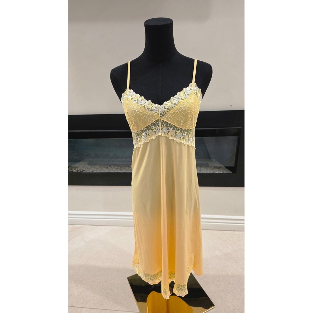 VTG Yellow Floral Lace Trim Nightgown Adjustable Straps Chemise Slip Dress SZ XL - Picture 1 of 11
